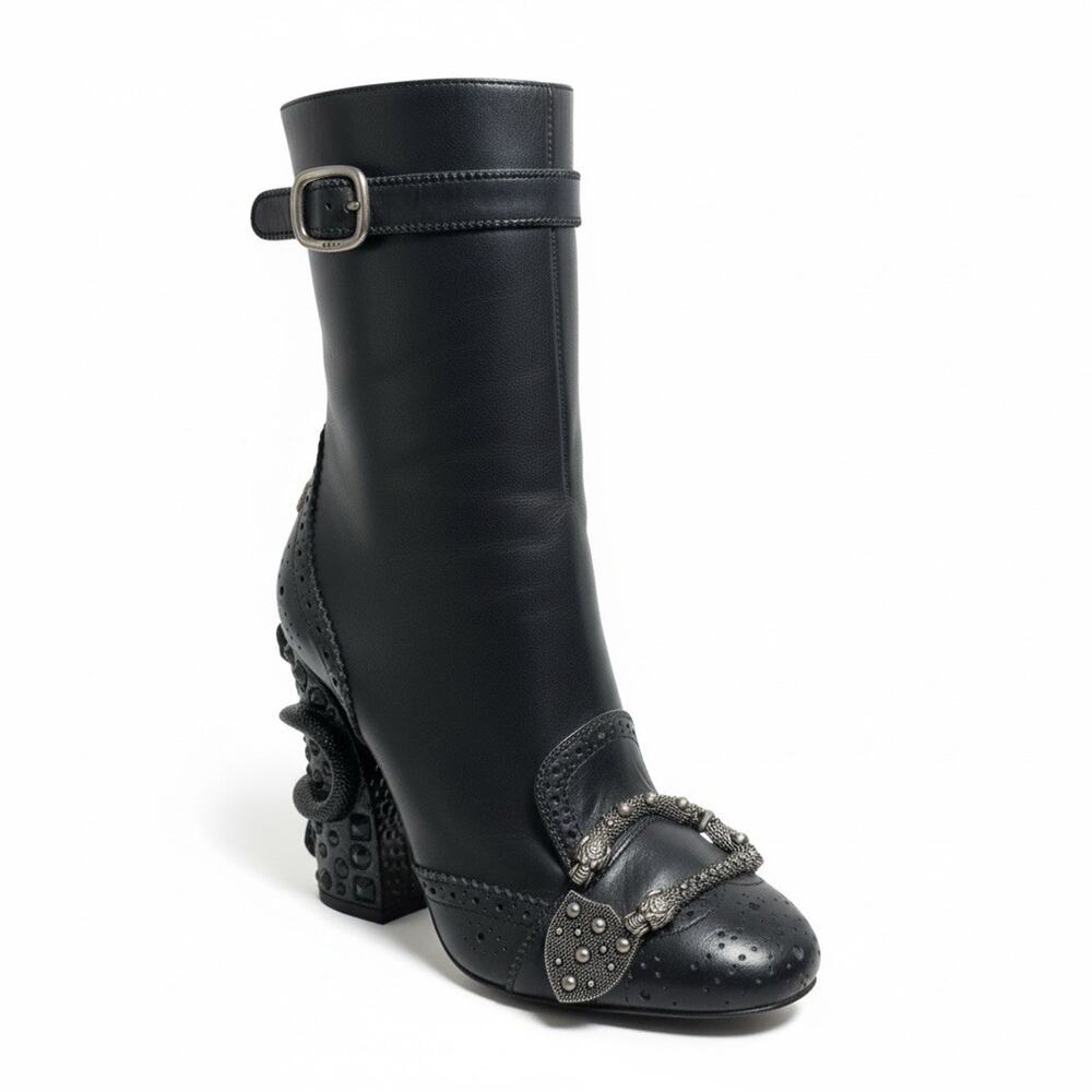 Gucci Dionysus Bee Snake Block Heel Boots Black Leather Size 36.5 Italy Rare